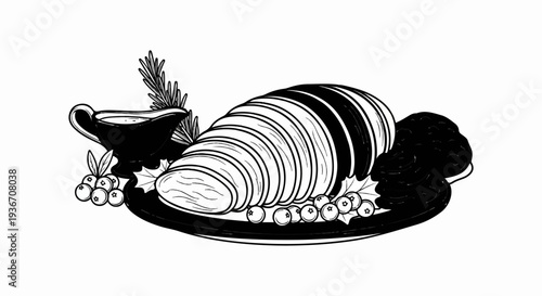 Sliced meat roast with gravy boat, berries, rosemary, and greens