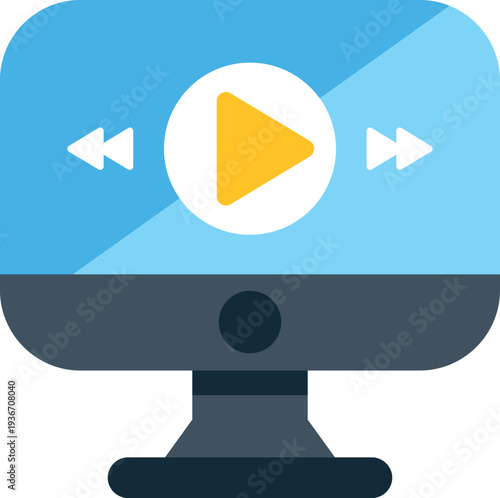 Computer monitor showing a play button, rewind, and fast forward controls