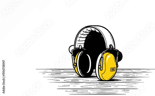 Stylized yellow and black headphones resting on a wood-grained surface