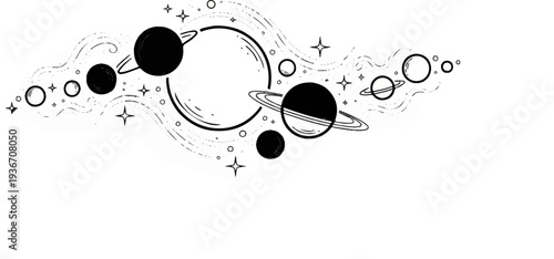 Whimsical hand-drawn celestial bodies with orbiting rings and stardust trails