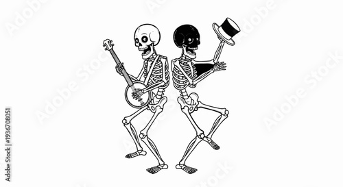 Two skeletons dancing, one playing a banjo, the other holding a hat