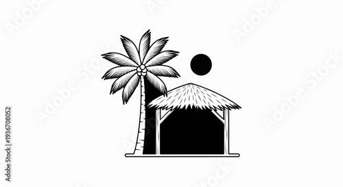 Tropical hut and palm tree with sun graphic