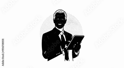 Smiling executive in suit uses tablet, with dotted circle background