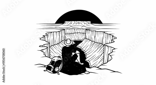 Solitary figure gazes into a vast canyon beneath a darkened sun