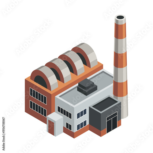Isometric factory. Concept of industrial plant with chimney tower or pipes. Industrial bulding. 3d isolated icon. Architecture of manufacture house