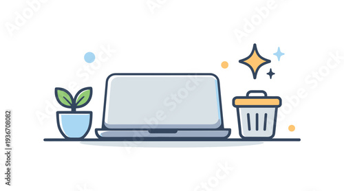 Clean workspace with laptop, plant, and trash bin, digital illustration