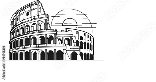 Stylized black and white line drawing of an ancient amphitheater structure with a semicircular design