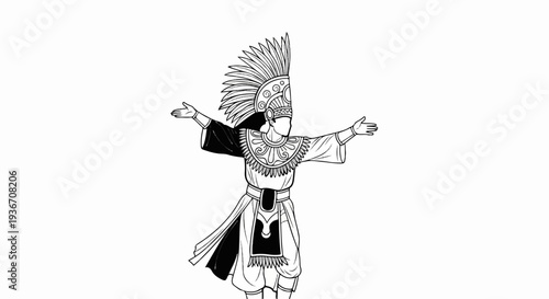 Stylized depiction of a performer in traditional headdress and attire, arms outstretched