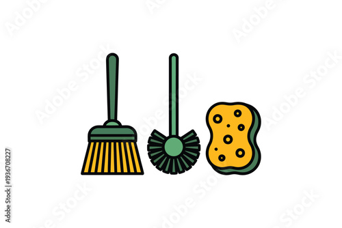 Broom vector illustration with cleaning tools and yellow sponge