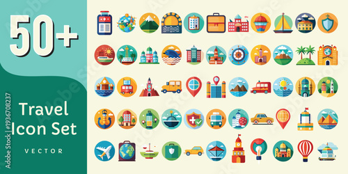 Travel Icon Set – Colorful Tourism and Vacation Vector Icons