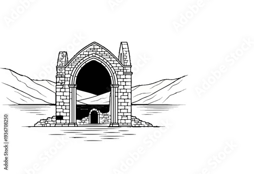 Ruined stone archway with arched entrance, overlooks serene water and distant hills