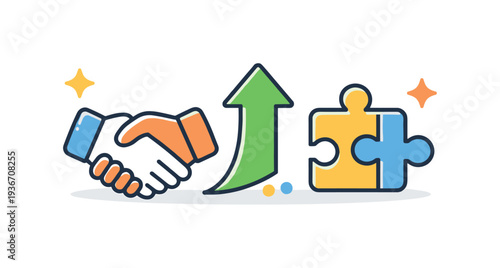 Business partnership and growth concept with handshake, upward arrow, and puzzle pieces