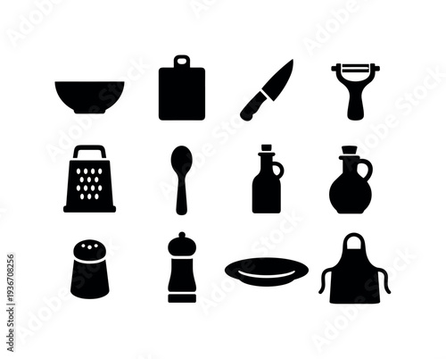 Collection of kitchen utensil icons in a simple black and white graphic design