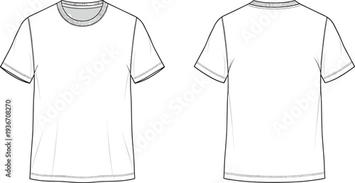 Blank White Short Sleeve T-Shirt Technical Flat Sketch Vector Illustration Front and Back View Fashion Apparel Mockup Design Template