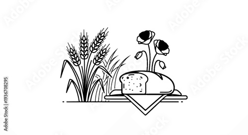 Slice of bread and wheat stalks with poppies on a platter