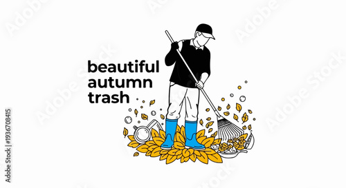 Person raking autumn leaves and debris into a pile