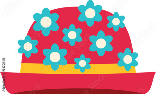 Red summer hat featuring a patterned design with scattered blue flowers and a yellow band