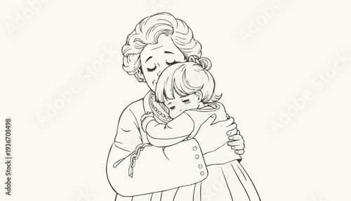 Grandmother hugging granddaughter in a loving embrace, black and white illustration