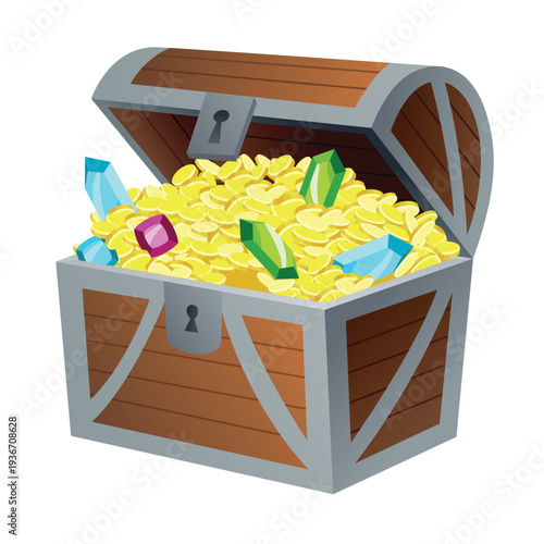 Treasure gold coins. Chest full of shiny royal gold and gemstones. Gold treasure, shiny savings, golden coins isolated on white background. Vector cartoon icon