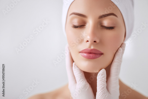 model touching smooth skin after aesthetic treatment while doctor observes results, soft diffused lighting, minimal white background, shallow depth of field
