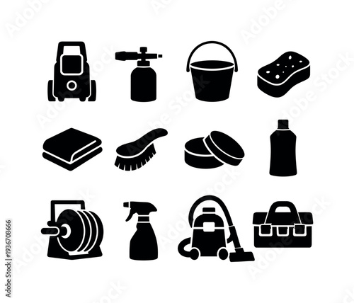 Collection of black cleaning equipment icons on a white background