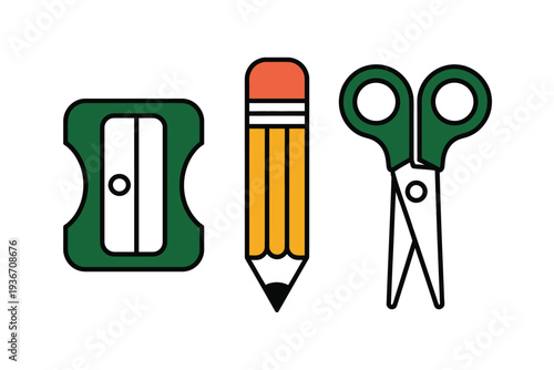A pencil sharpener, pencil, and scissors in a colorful illustration
