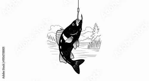 A black and white sketch of a large fish hooked on a line, suspended above water