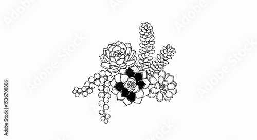 A black and white sketch of assorted succulent plants and berries