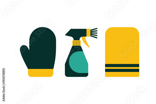Cleaning glove icon with spray bottle and yellow cloth illustration