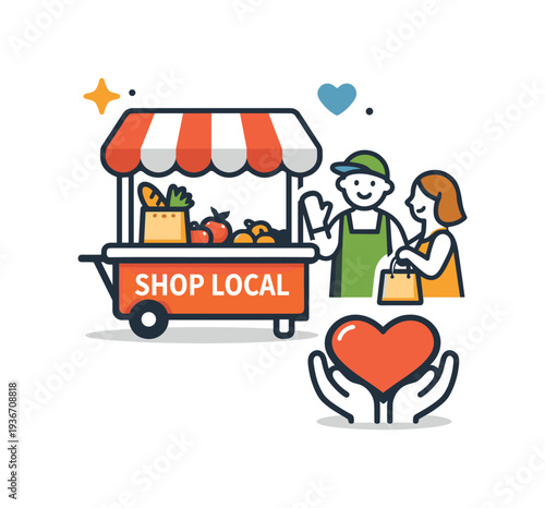 Shop local concept with vendor and customer interacting at a market stall