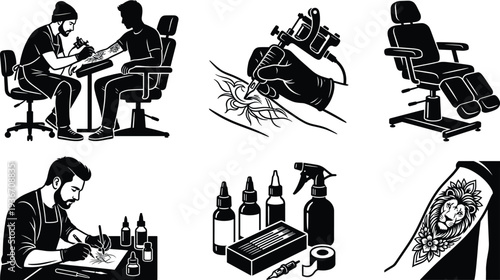 Professional Tattoo Studio Illustration Set Featuring Tattoo Artist at Work, Electric Tattoo Machine, Specialized Chair, Ink Bottles, and Detailed Body Art Design