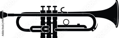 Black silhouette of trumpet with detailed valves, slides, and bell—classic brass instrument illustration symbolizing music, jazz, and orchestral tradition
