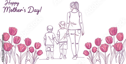 Happy Mother's Day line art with mother and children walking through tulip garden, cad drawing flat vector illustration for cards.