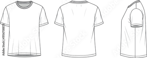 White blank short sleeve crew neck t-shirt technical flat sketch template front back and side view for apparel fashion design