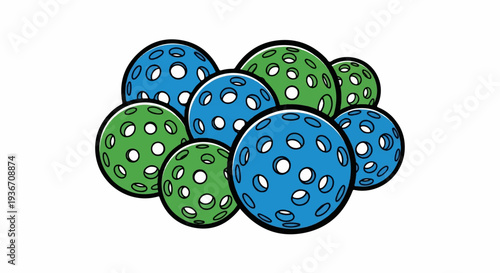 A pile of blue and green perforated balls on a white background