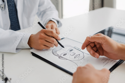 Wallpaper Mural plastic surgeon outlining facial treatment plan for male patient on paper chart, minimalist consultation room, clean modern aesthetic, natural lighting Torontodigital.ca