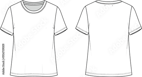 White crew neck t-shirt technical flat sketch vector illustration template front and back view for fashion design and apparel mockup