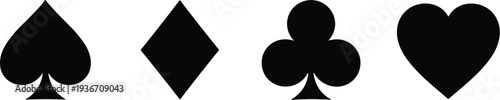 Black silhouettes of four playing card suits—spade, diamond, club, heart—minimalist design representing universal symbols of card games and probability