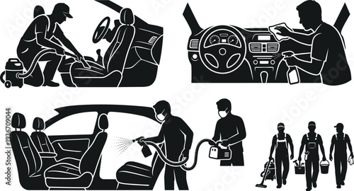 Professional Interior Car Detailing Silhouette Set Featuring Staff Vacuuming Seats, Cleaning Dashboards, and Sanitizing Vehicle Interiors with Specialized Tools