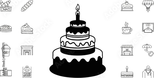 A collection of bakery and cafe icons, featuring a tiered cake, pastries, and service elements