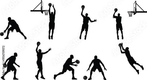 Black silhouettes of basketball players in dynamic action poses—dribbling, shooting, dunking, passing—capturing motion, athleticism, and expressive sports artistry