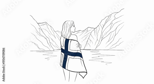 Woman wrapped in a flag faces majestic mountains and a calm lake