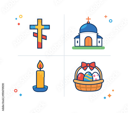 Orthodox Christian Easter symbols: cross, church, candle, and decorated eggs