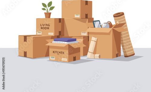 Isolated a realistic Moving House concept - empty room with boxes vector art with white background..