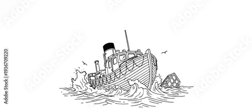 A black and white drawing of a boat struggling in choppy waves near a submerged crate