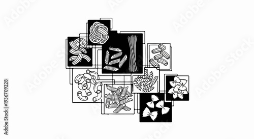 A black and white graphic collage of various uncooked pasta shapes arranged in overlapping squares