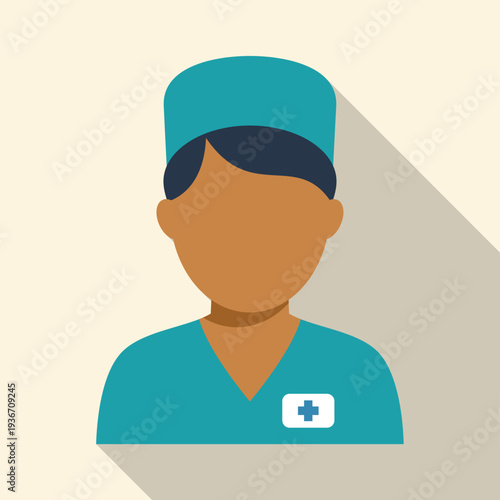 Medical professional wearing scrubs and cap, representing healthcare staff with a plus sign