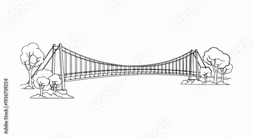 Suspension bridge crossing between land, with stylized trees flanking