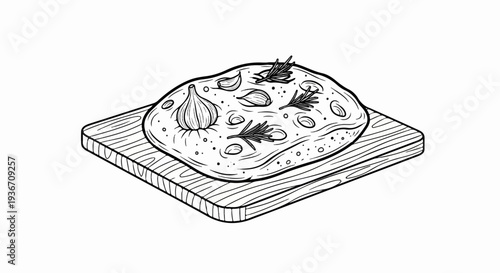 A line drawing depicts focaccia bread with garlic and rosemary on a wooden board