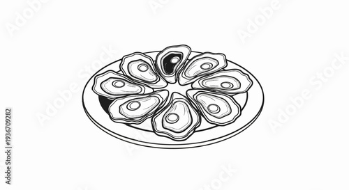 A circular arrangement of oysters on a plate, drawn with bold strokes